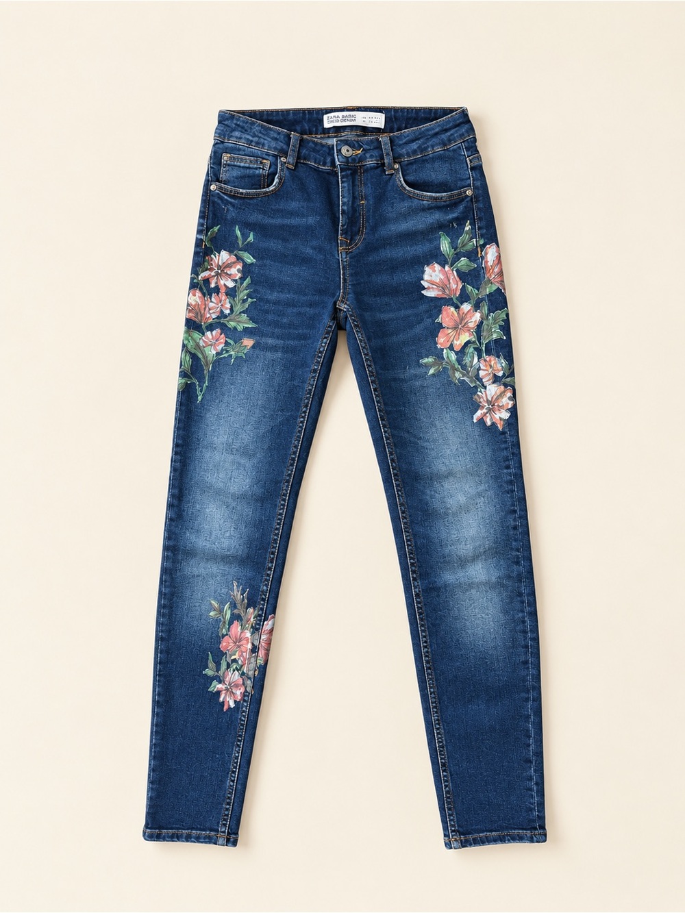 Zara Floral Skinny Jeans Dark Wash Stretch Denim Size 28